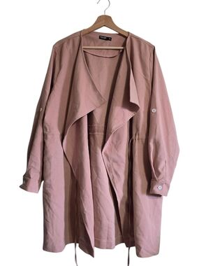 Women's Pink Trench Coat 1XL Plus Open Front Mid-Length Pockets